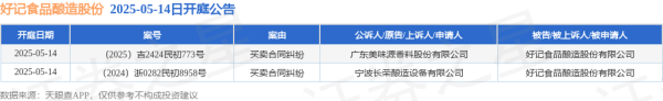 优配良品 好记食品酿造股份作为被告/被上诉人的2起涉及买卖合同纠纷的诉讼将于2025年5月14日开庭
